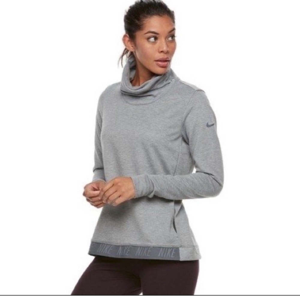 Nike Womens Dri-FIT Cowl Neck Pullover Sweatshirt‎ L Gray Logo Hem Pockets